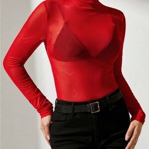 Red Sheer Long Sleeve Top